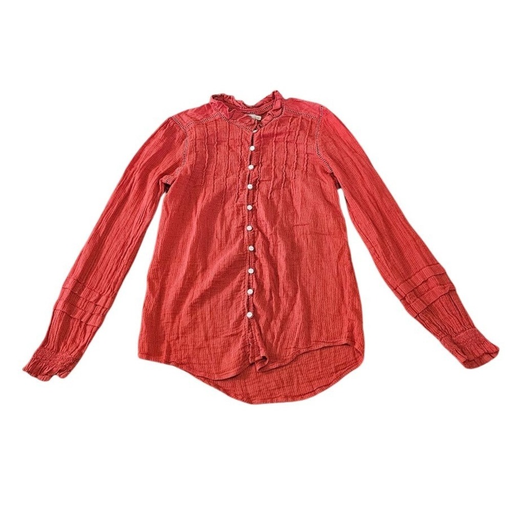 Faherty Organic Cotton Gauze Pintuck Ruffle Blouse Rust Orange Peasant Small